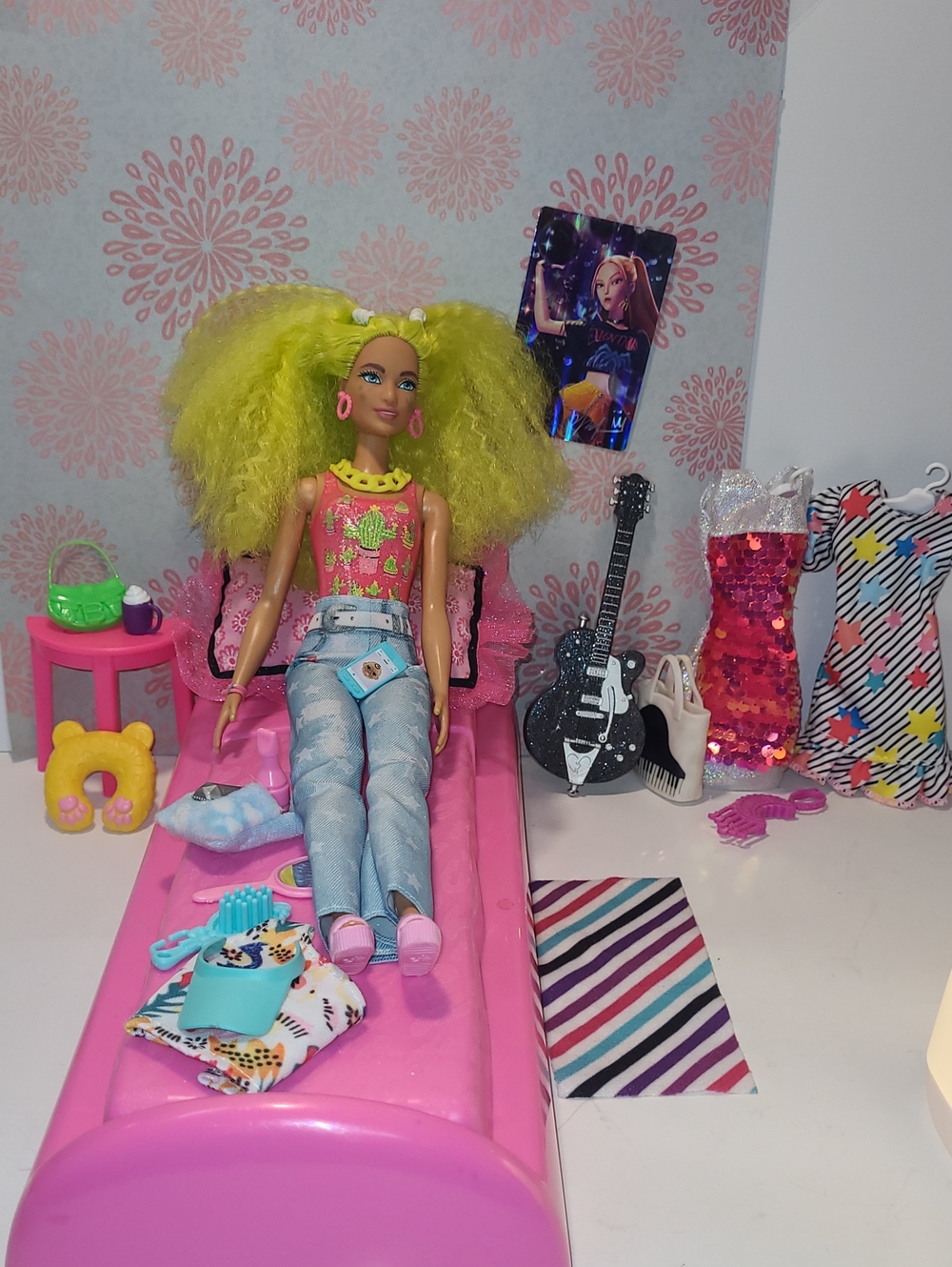 Barbie Doll with Neon Yellow Hair, Pink Outfit Accents and Blue Jeans